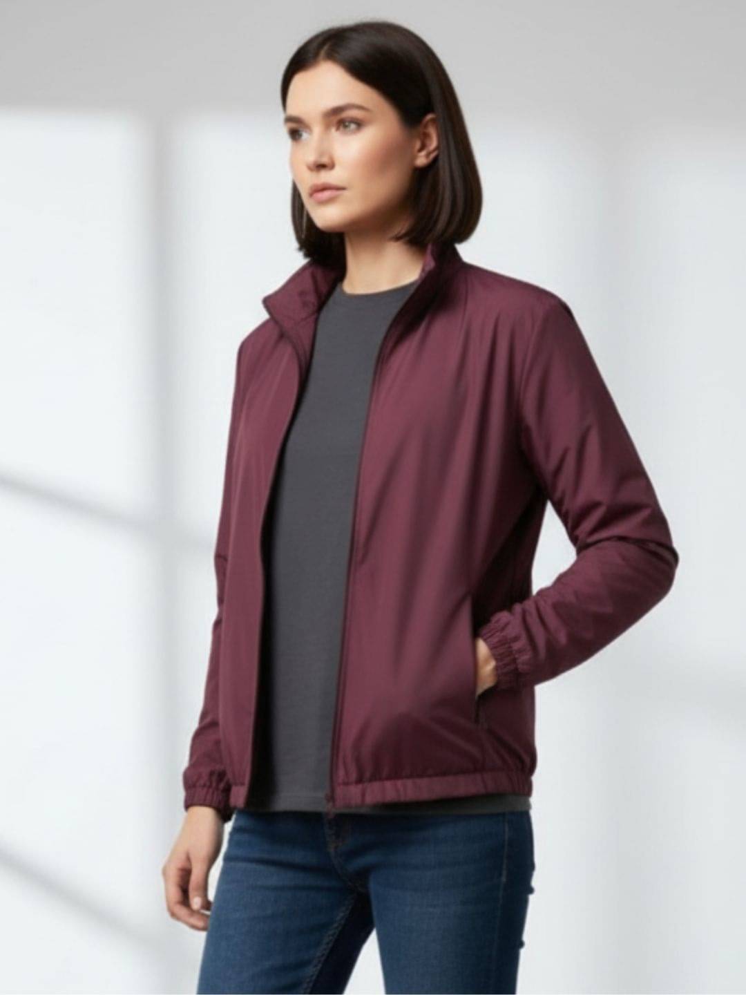     			TIMBER HITCH Women High Neck Bomber Jacket ( Maroon )
