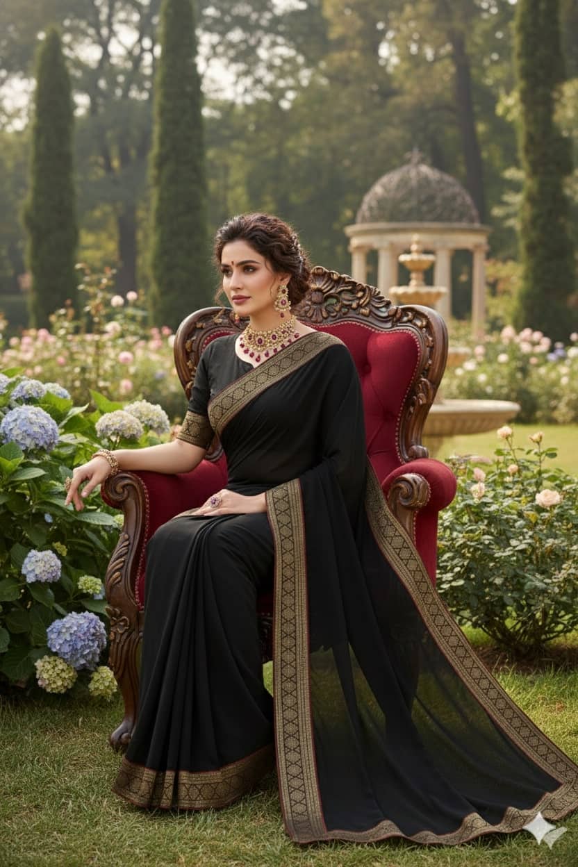 Today Deal Georgette Printed Regular Saree With Unstitched Blouse Piece ( Black ) - Sarees | Buy online on ZillyBuy