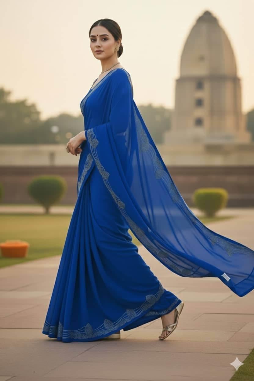 Today Deal Georgette Printed Regular Saree With Unstitched Blouse Piece ( LightBLue ) - Sarees | Buy online on ZillyBuy