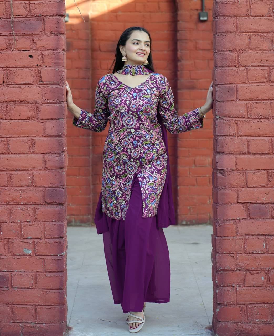 poshkala Women Georgette Embroidered Anarkali Kurti With Sharara And Gharara ( Purple ) poshkala Women Georgette Embroidered Anarkali Kurti With Sharara And Gharara ( Purple )