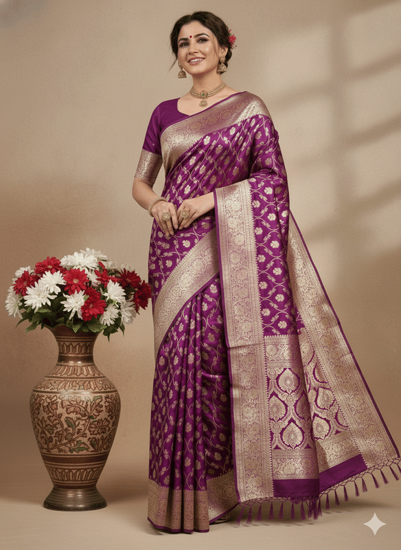 Niwaa Silk Blend Woven Design Banarasi saree With Unstitched Blouse Piece ( Purple ) Niwaa Silk Blend Woven Design Banarasi saree With Unstitched Blouse Piece ( Purple )