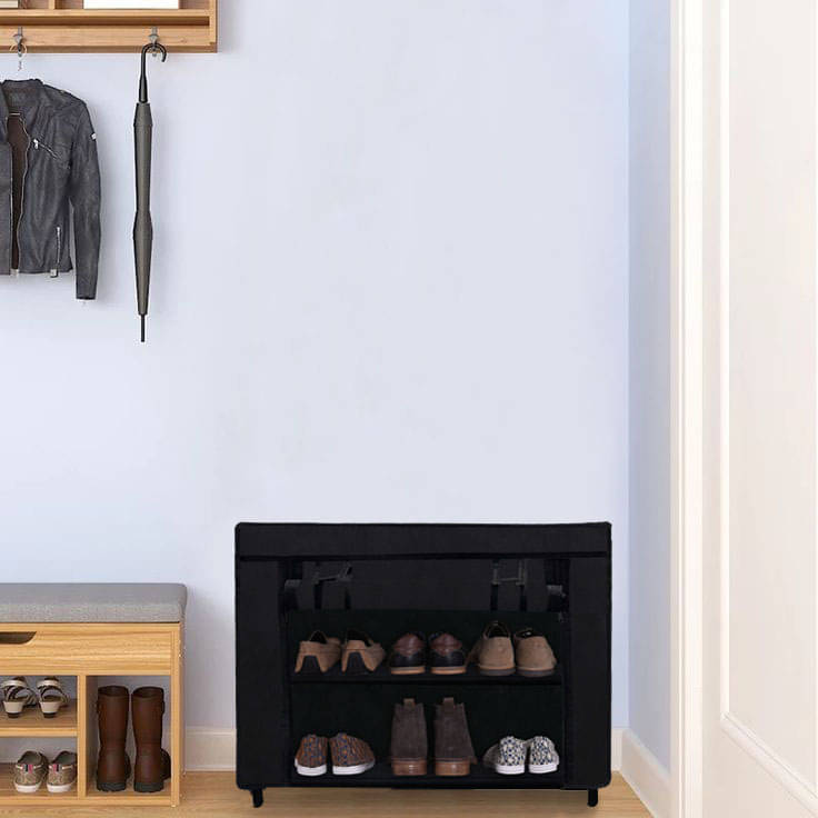     			2 Layer Black Metal Shoe rack With Non Woven Fabric Cover