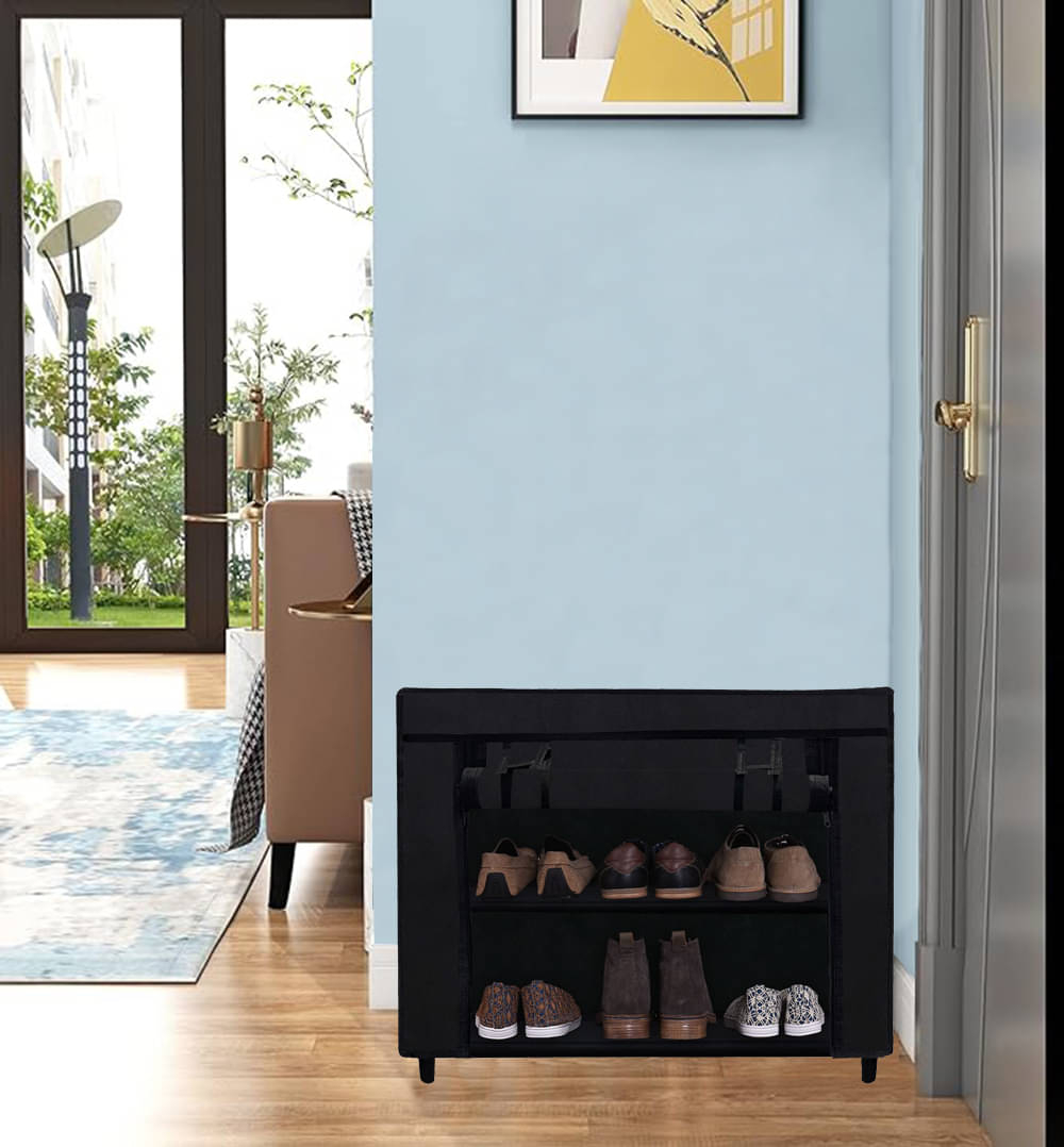     			2 Layer Black  Shoe Rack with Fabric Shelves & Cover– Space Saving Organizer