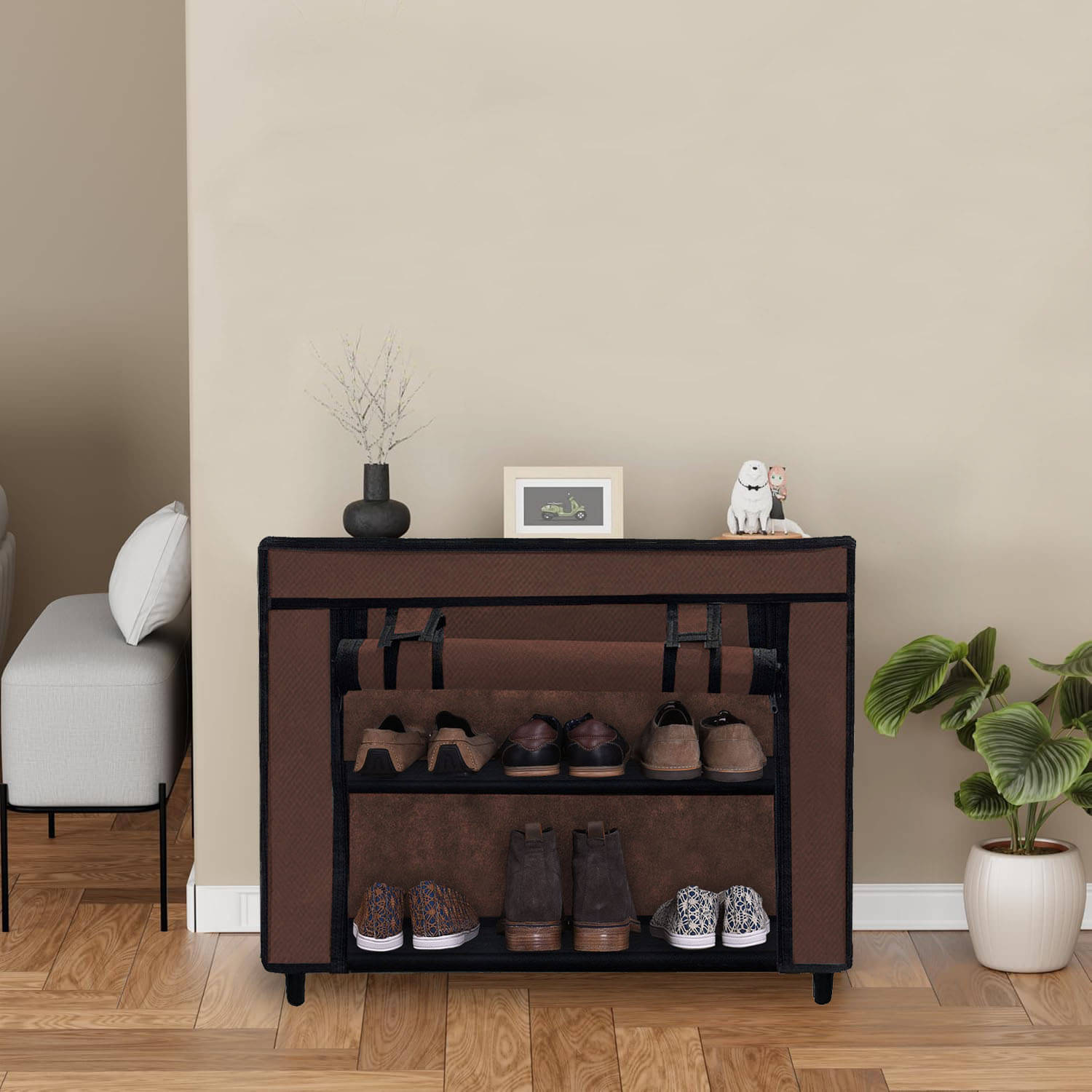     			2 Layer Brown Fabric Shoe Rack – Tall, Slim & Sleek Design