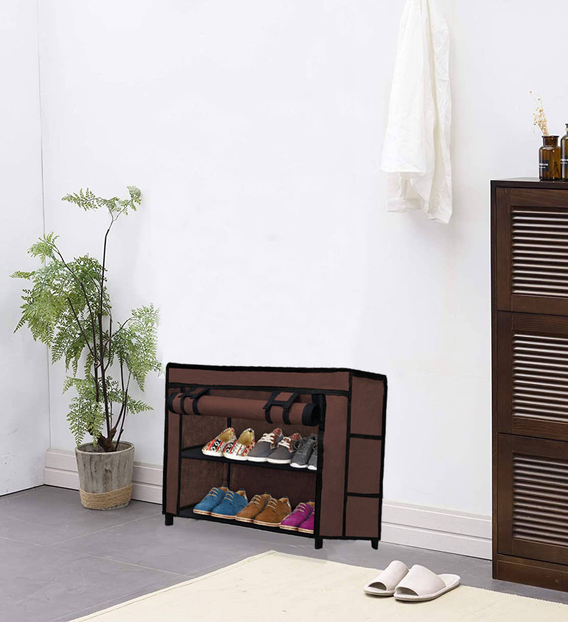     			2 Layer Brown Modern Shoe Rack – Fabric Covered, Metal Tubing