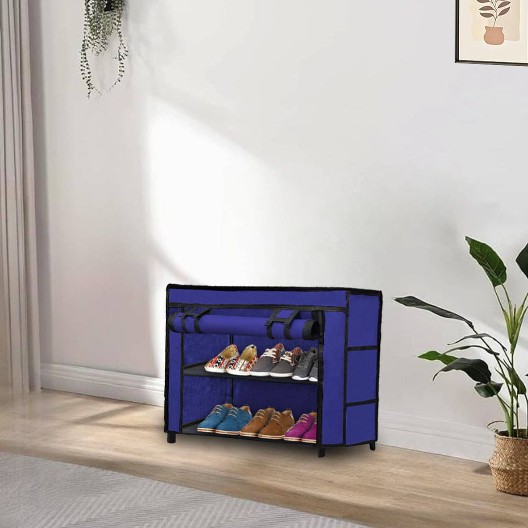    			2 Layer Entryway Metal Frame Shoe Rack With Blue Non-Woven Fabric Cover