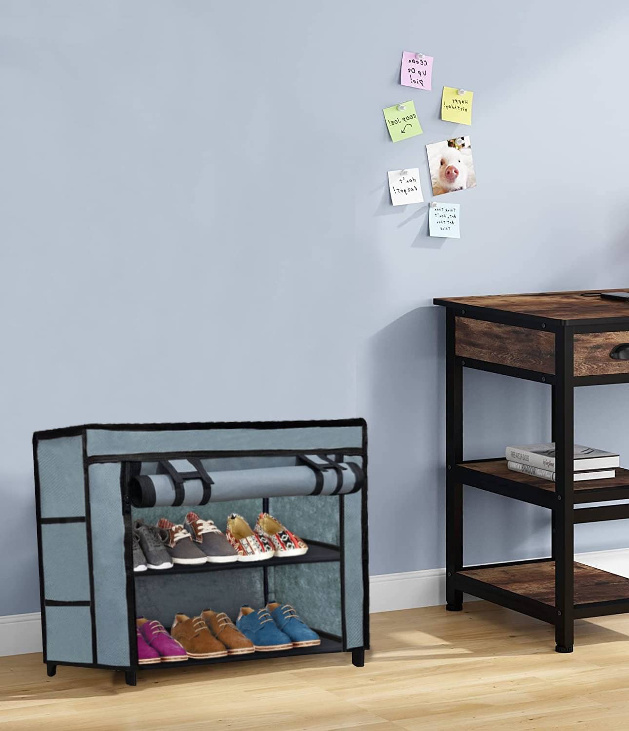     			2 Layer Entryway Metal Frame Shoe Rack With Grey Non-Woven Fabric Cover