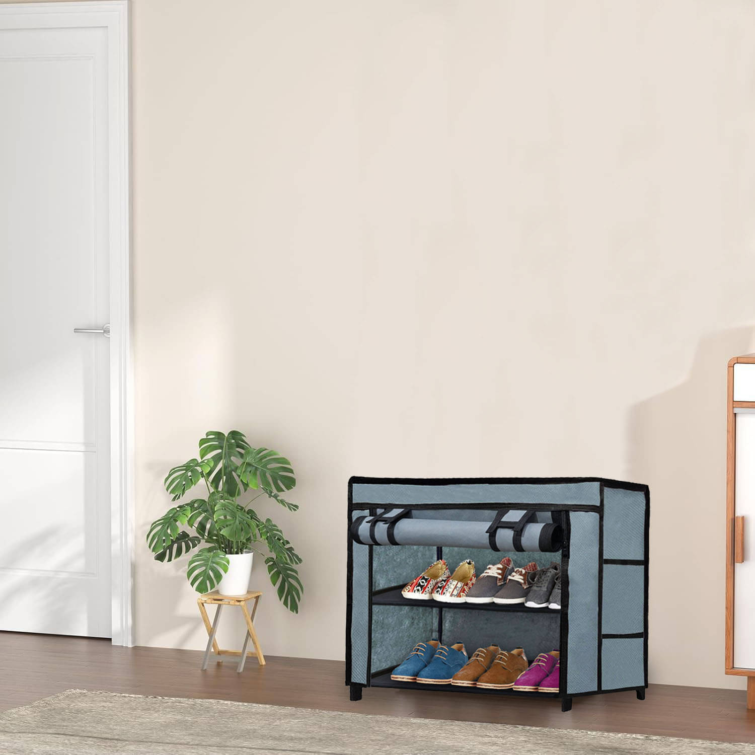     			2 Layer Grey DIY Adjustable Shoe Rack with Fabric & Tubes