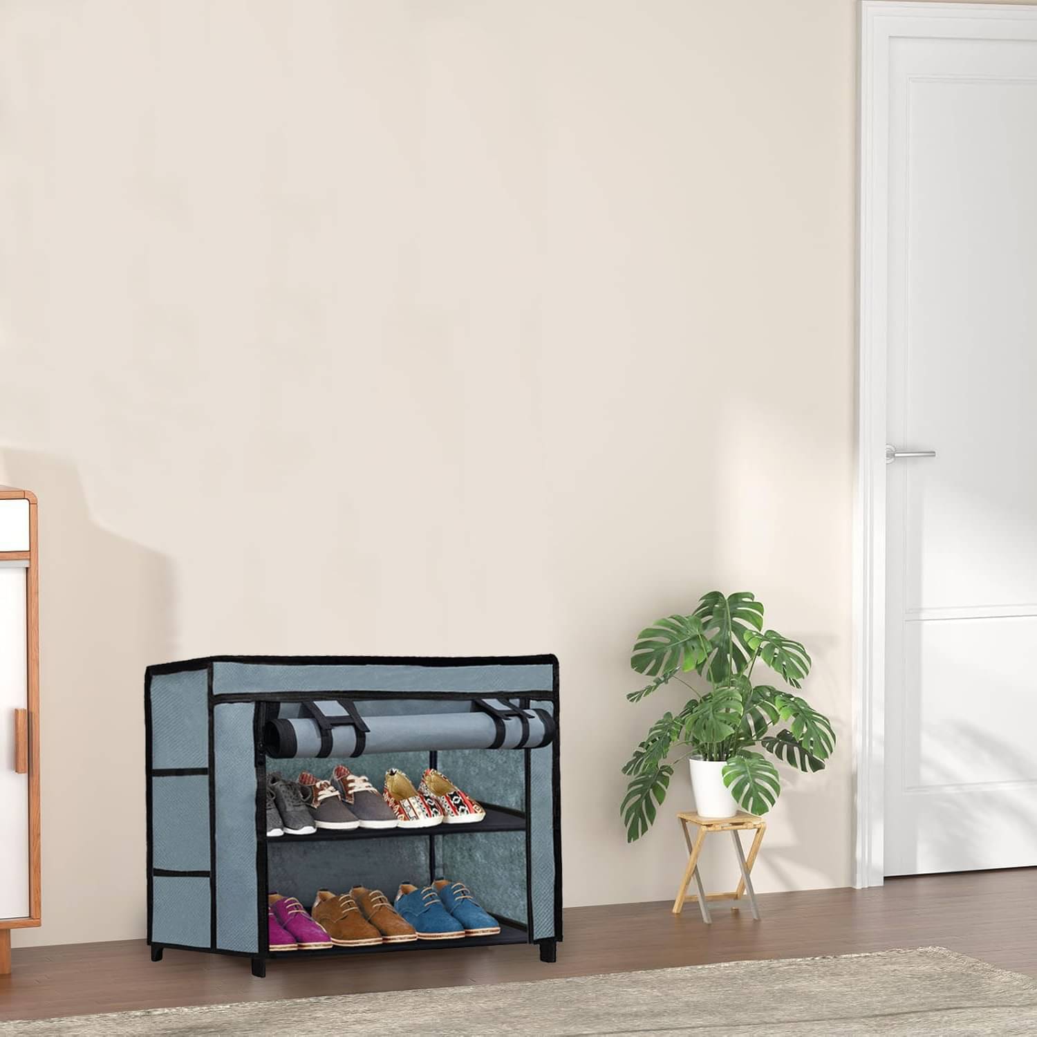     			2 Layer Grey Entry Shoe Rack – Stylish, Fabric Shelves with Metal Frame