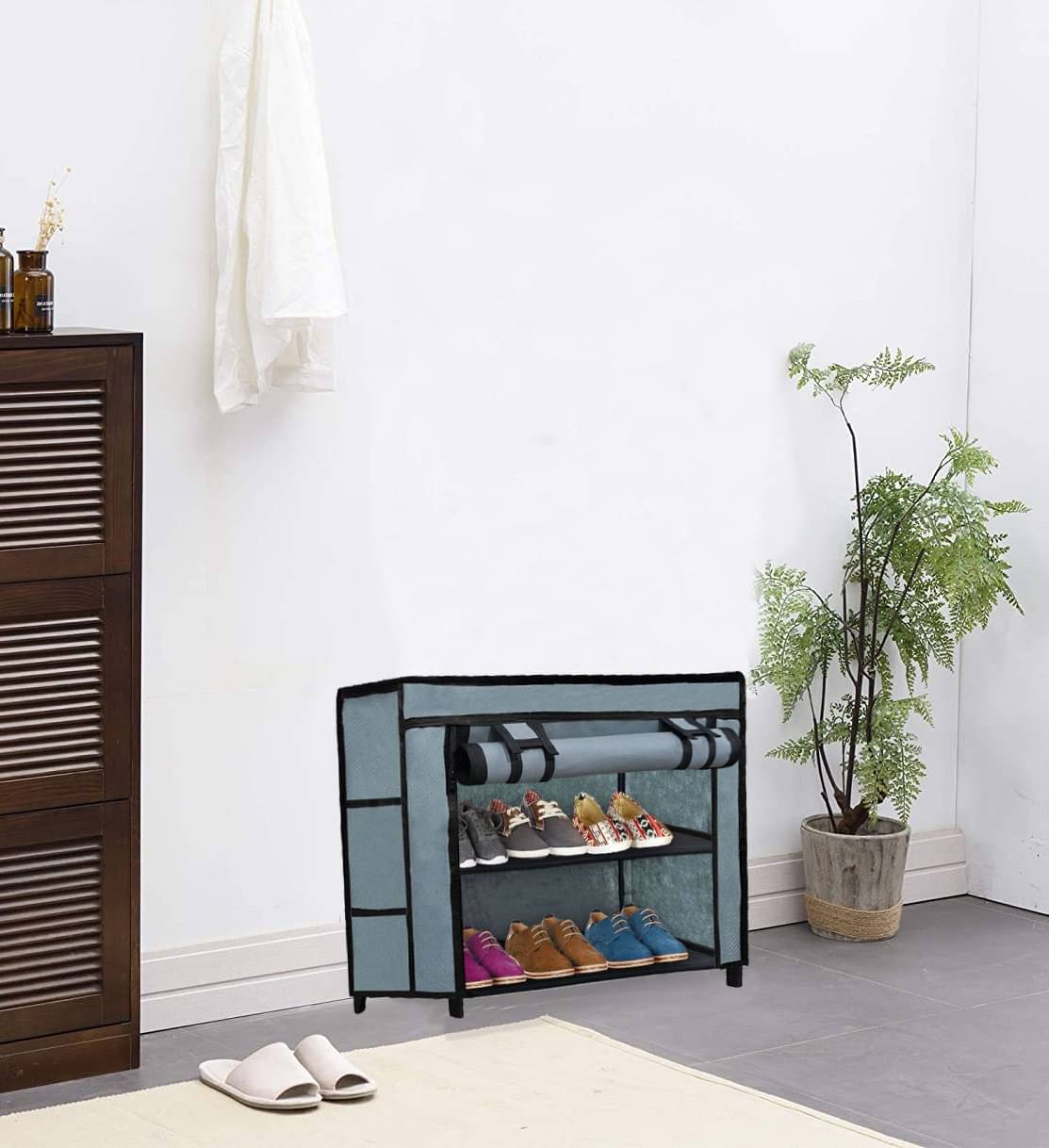     			2 Layer Grey Free Standing Shoe Rack – Fabric Layers, Metal Frame