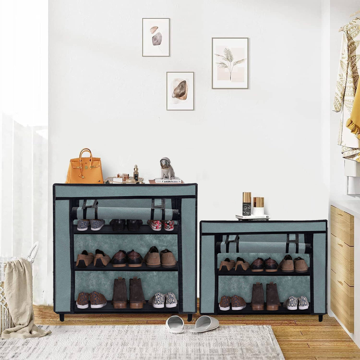     			2 Layer Grey Lightweight Fabric Shoe Rack with Anti-Rust Metal Frame