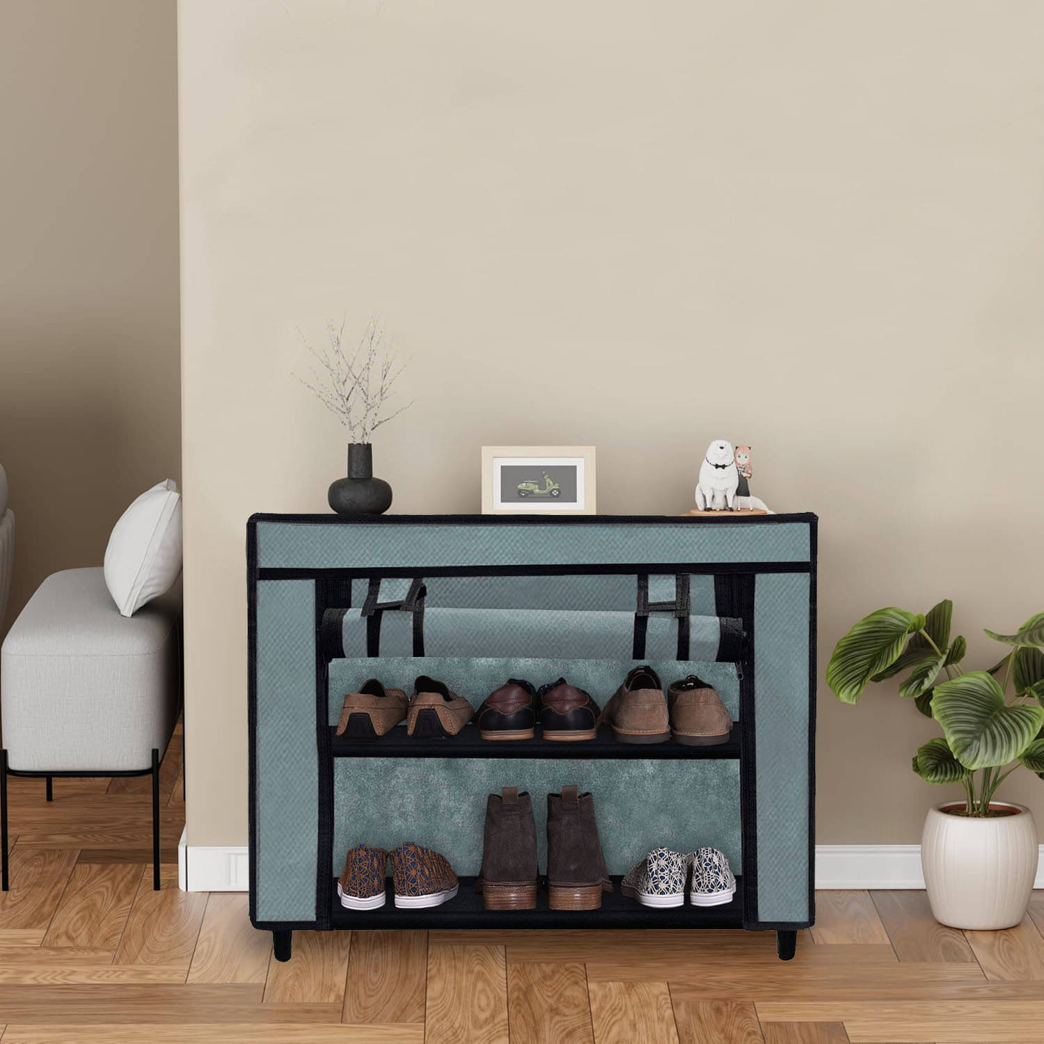     			2 Layer Grey  Shoe Rack with Fabric Shelves & Cover– Space Saving Organizer