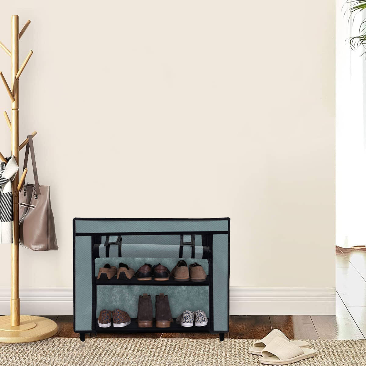     			2-Shelves Shoe Rack With Grey Cover - Perfect for Entryway & Closet Storage