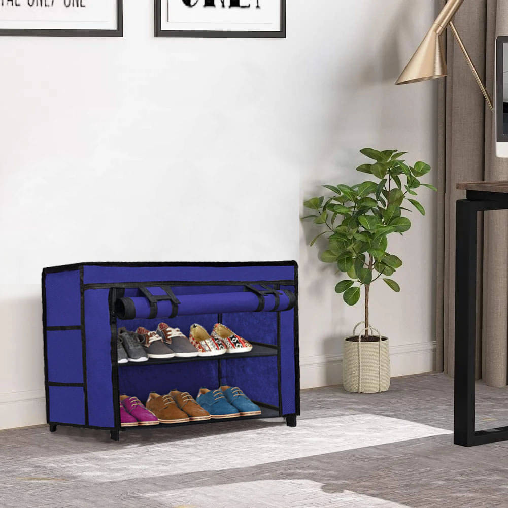     			2 Tier Blue Metal Frame Shoe Rack With Dustproof & Waterproof Cover