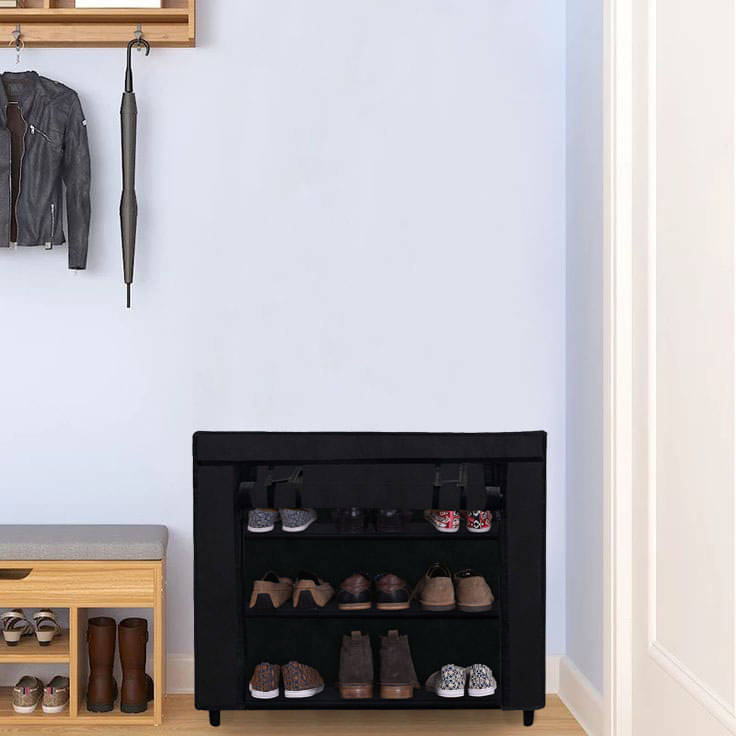     			3 Layer Black Fabric Shoe Rack – Tall, Slim & Sleek Design