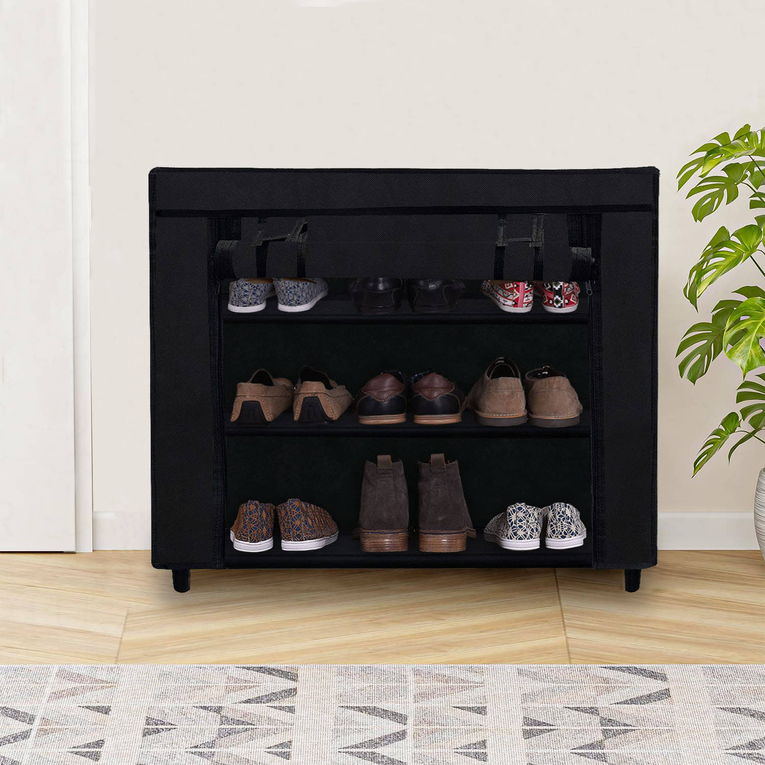    			3 Layer Black Lightweight Fabric Shoe Rack with Anti-Rust Metal Frame