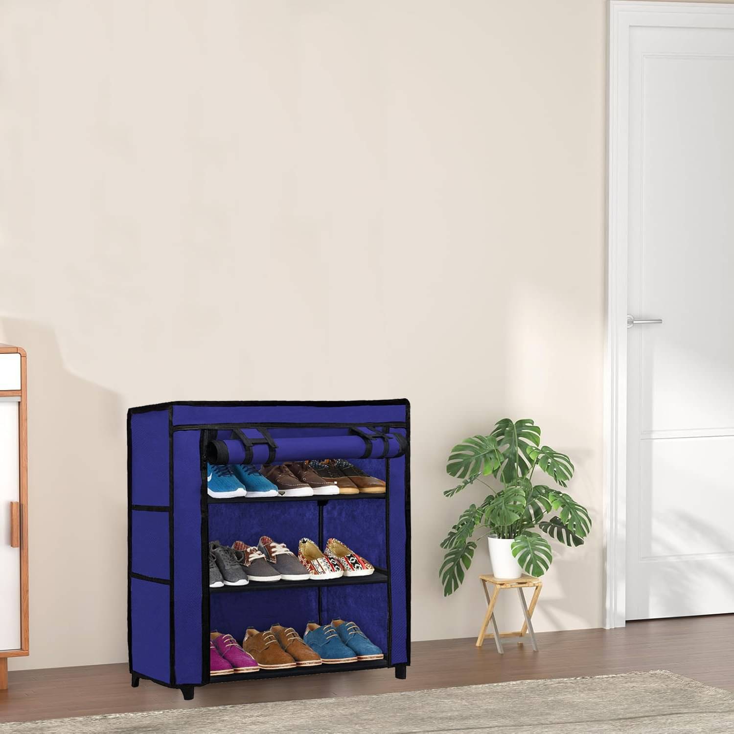     			3 Layer Blue DIY Adjustable Shoe Rack with Fabric & Tubes