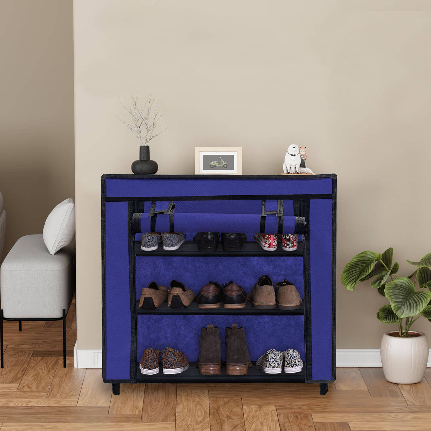     			3 Layer Blue Dustproof Shoe Cabinet – Covered Fabric with Metal Tubing