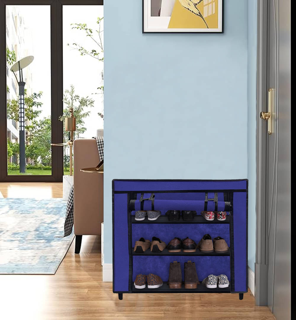     			3 Layer Blue Entry Shoe Rack – Stylish, Fabric Shelves with Metal Frame