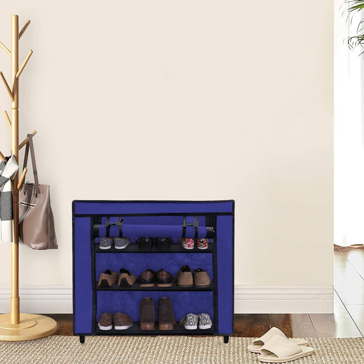     			3 Layer Blue Free Standing Shoe Rack – Fabric Layers, Metal Frame