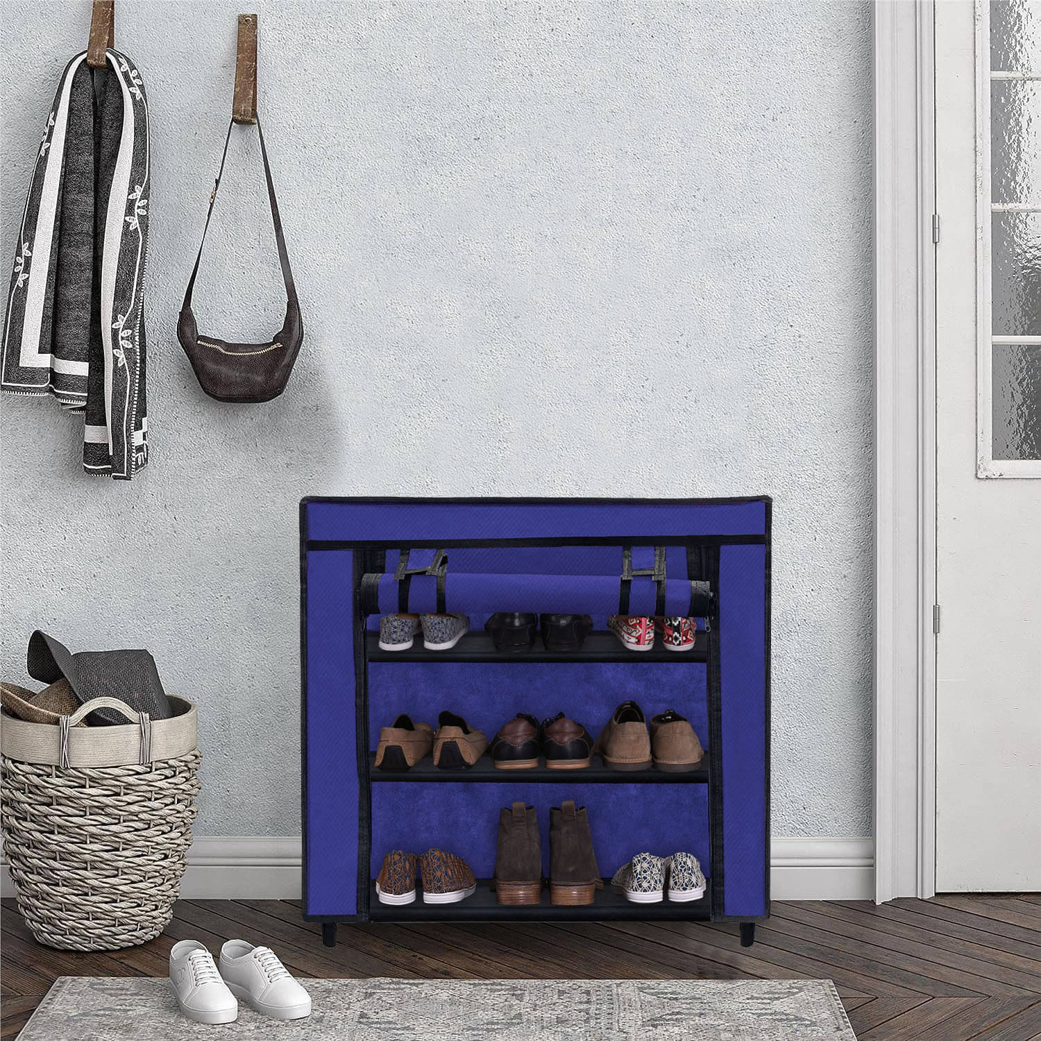     			3 Layer Blue Modern Shoe Rack – Fabric Covered, Metal Tubing
