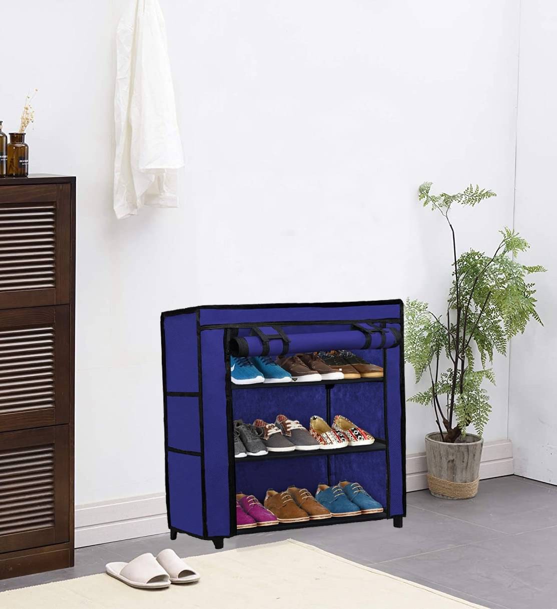     			3 Layer Blue  Shoe Rack with Fabric Shelves & Cover– Space Saving Organizer
