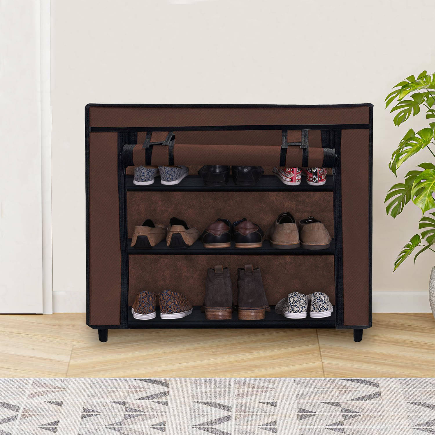     			3 Layer Brown Dustproof Shoe Cabinet – Covered Fabric with Metal Tubing