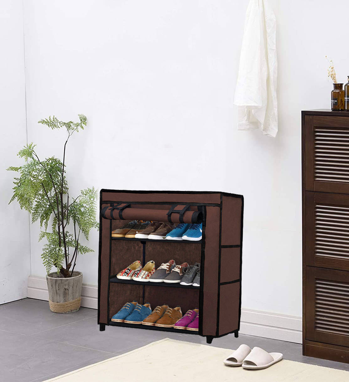     			3 Layer Brown Lightweight Fabric Shoe Rack with Anti-Rust Metal Frame