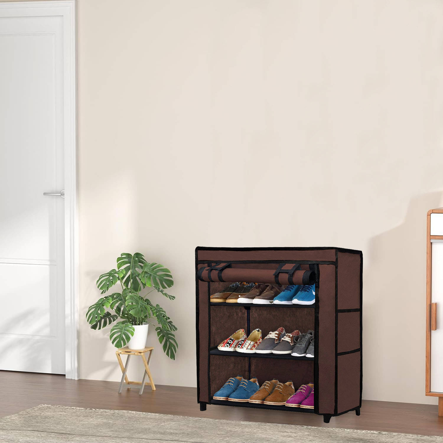     			3 Layer Brown  Shoe Rack with Fabric Shelves & Cover– Space Saving Organizer