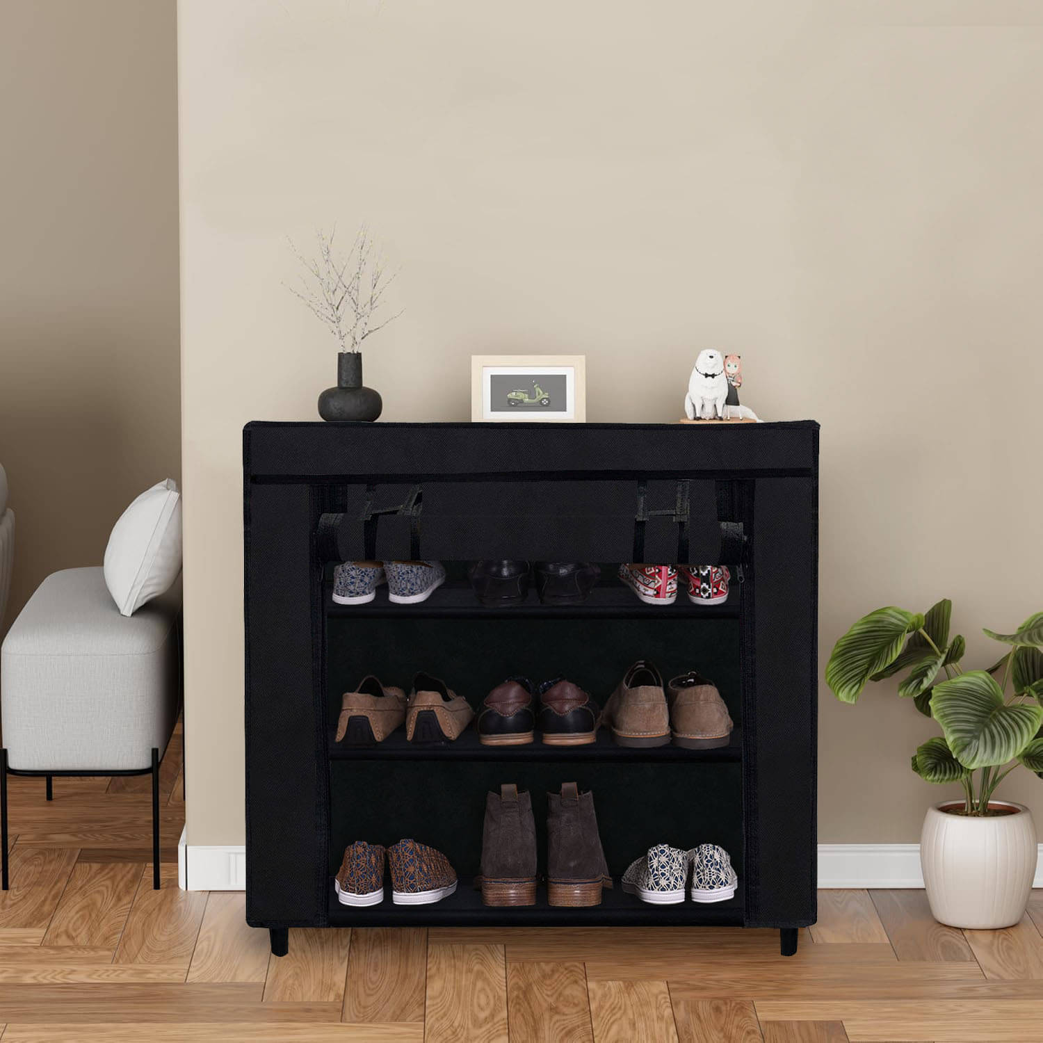     			3 Layer Entryway Metal Frame Shoe Rack With Black Non-Woven Fabric Cover