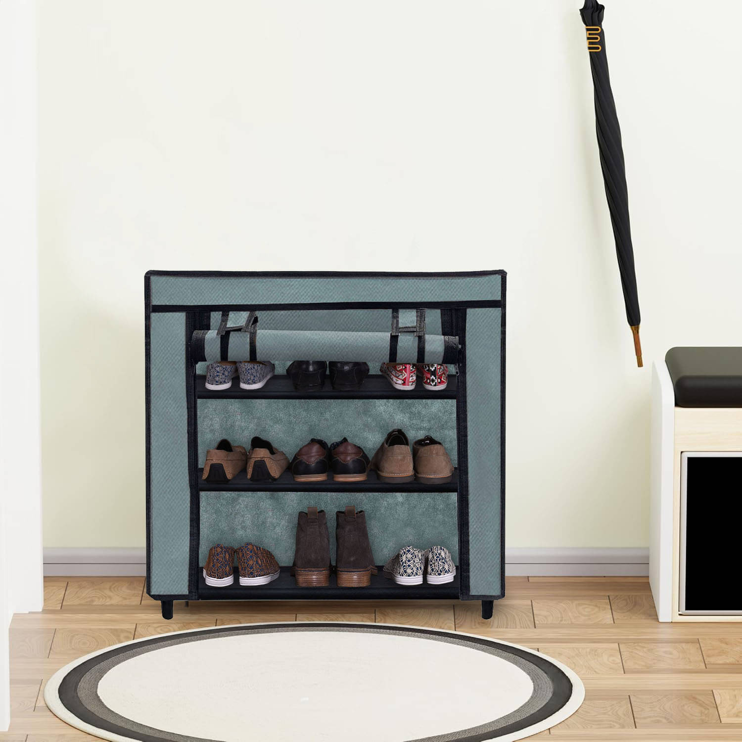     			3 Layer Entryway Metal Frame Shoe Rack With Grey Non-Woven Fabric Cover