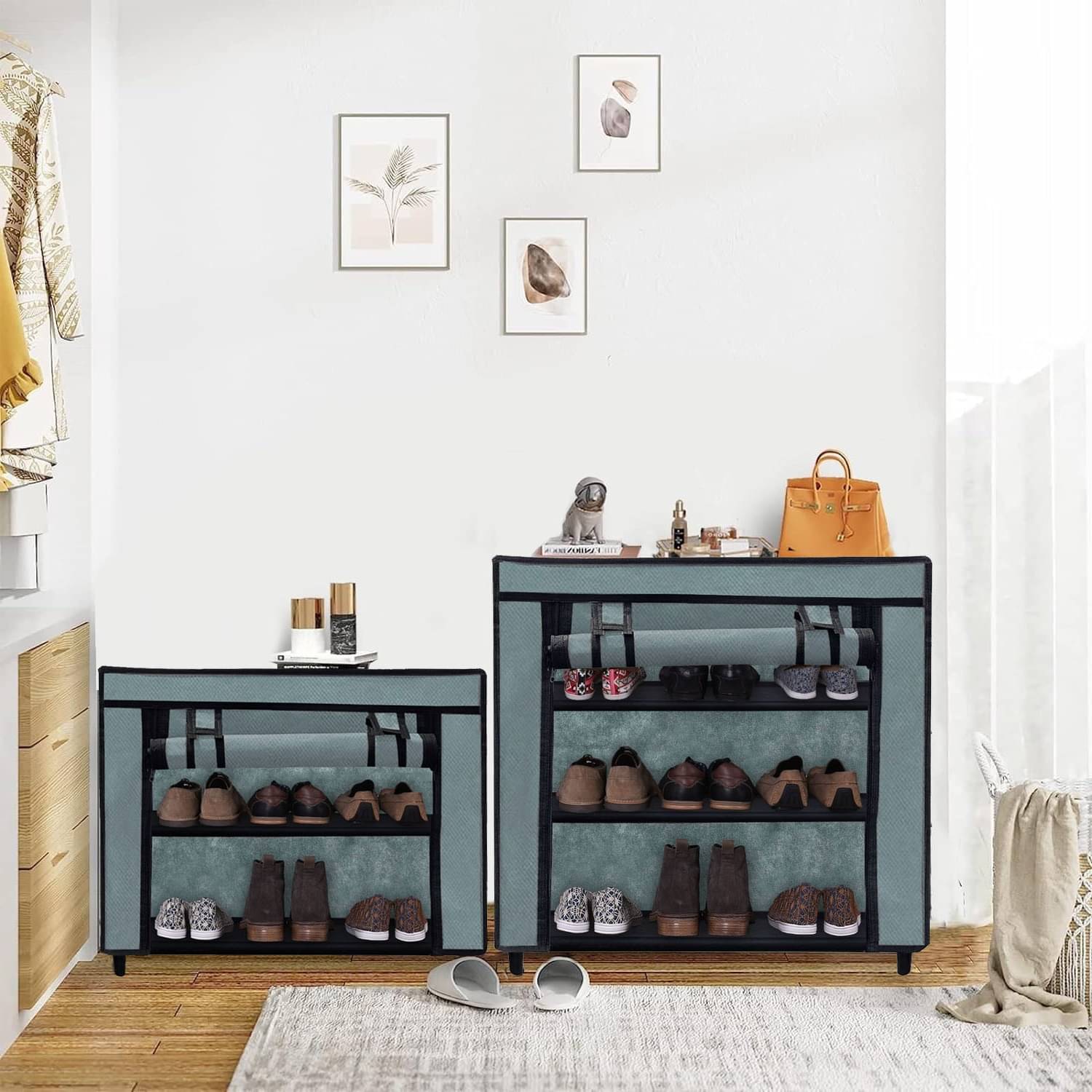     			3 Layer Grey Dustproof Shoe Cabinet – Covered Fabric with Metal Tubing