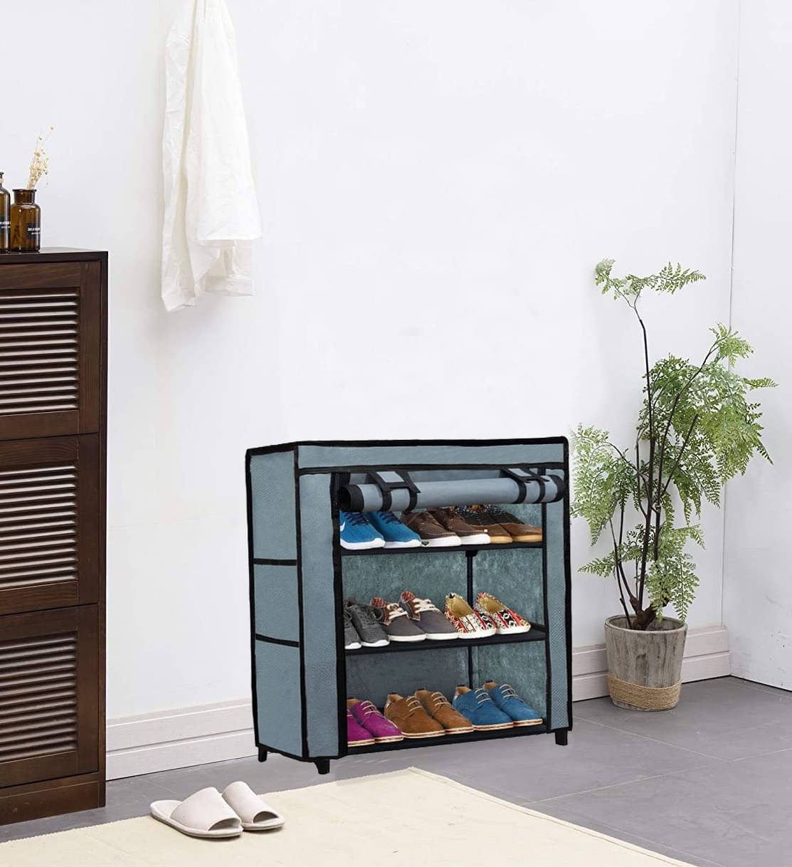     			3 Layer Grey Free Standing Shoe Rack – Fabric Layers, Metal Frame
