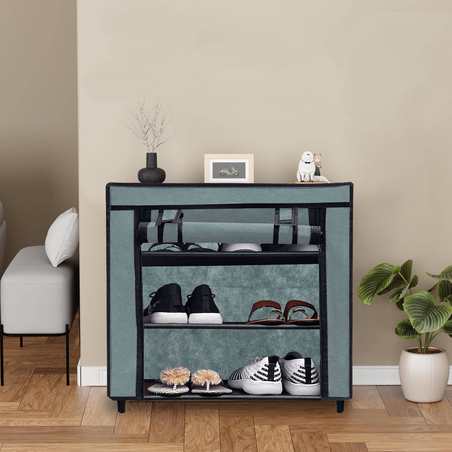     			3 Layer Grey Lightweight Fabric Shoe Rack with Anti-Rust Metal Frame