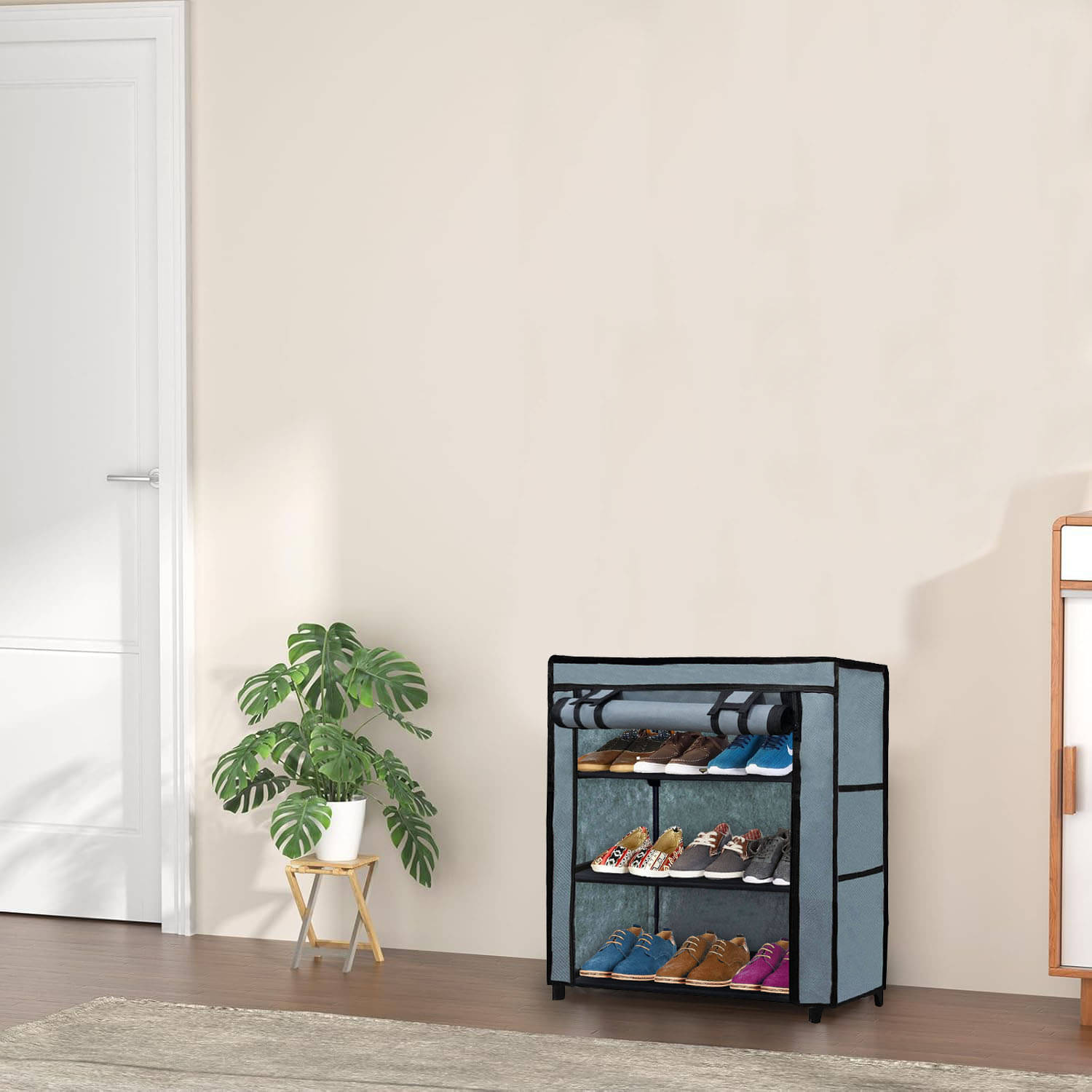     			3-Shelves Shoe Rack With Grey Cover - Perfect for Entryway & Closet Storage