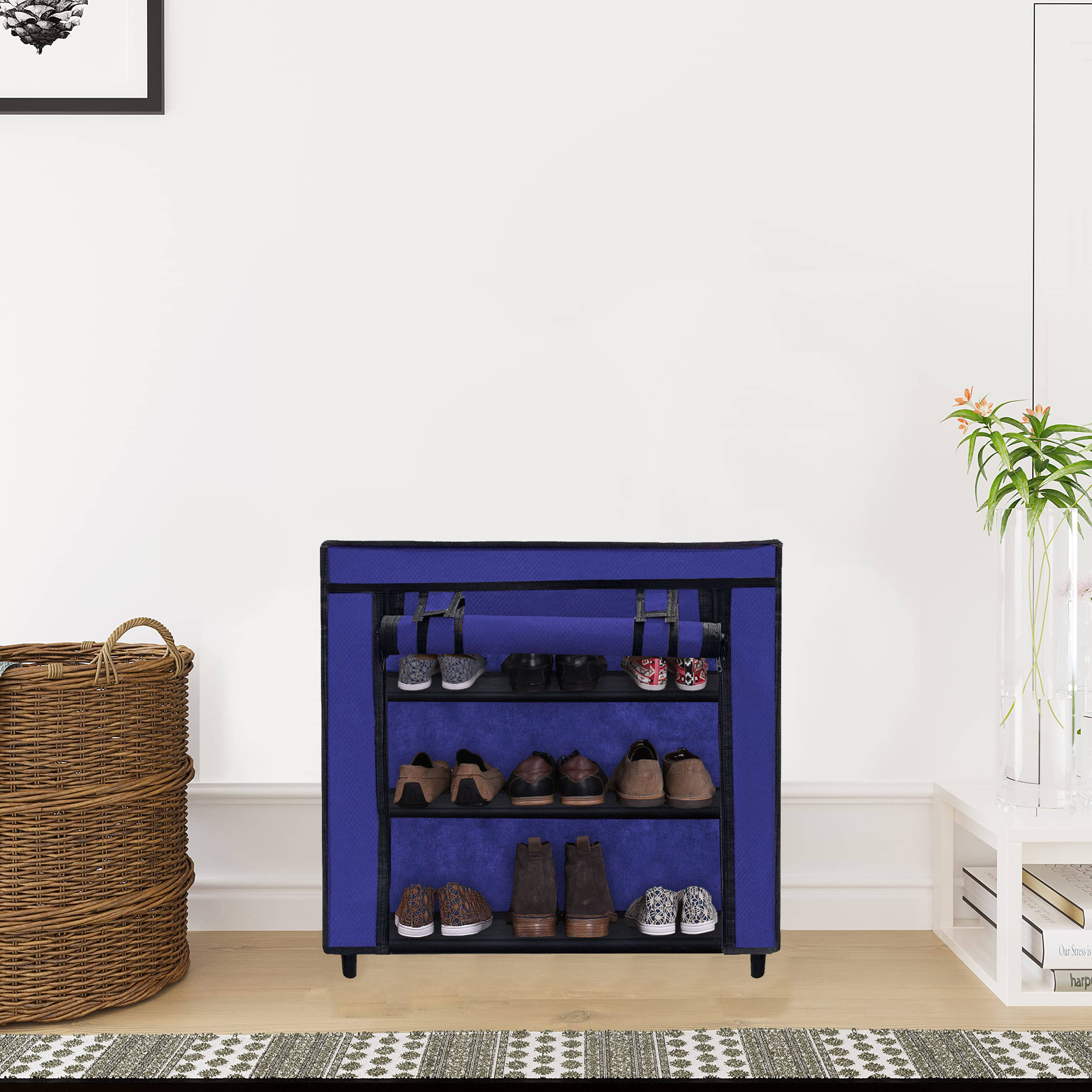     			3-Tier Blue Expandable Shoe Shelf with Fabric Shelves & Covers