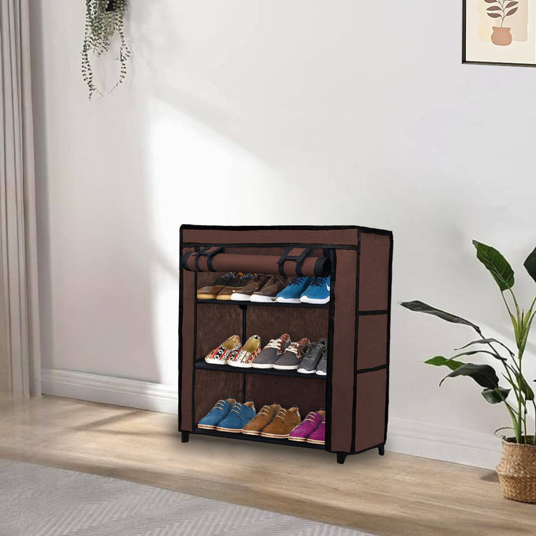     			3 Tier Brown Metal Frame Shoe Rack With Dustproof & Waterproof Cover