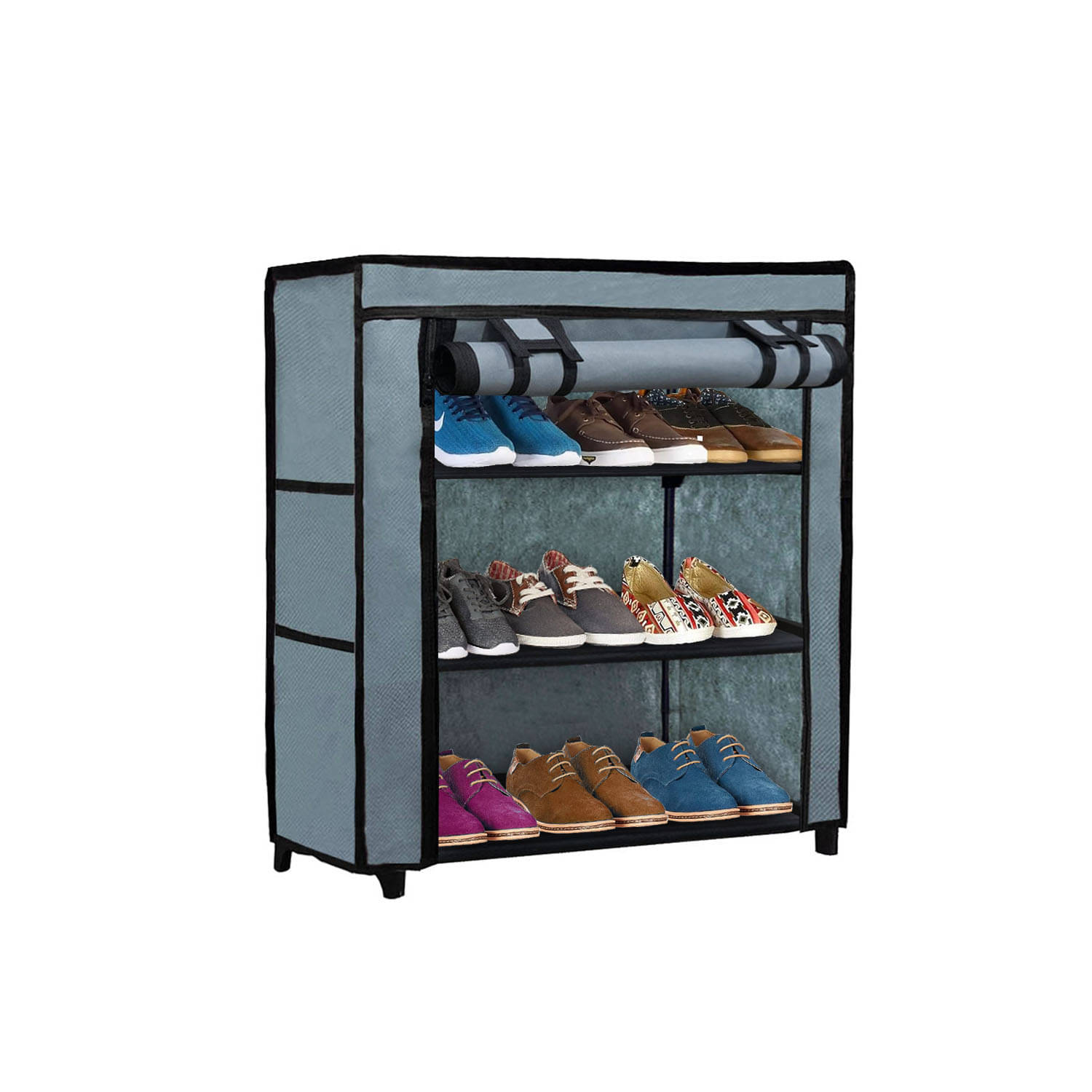     			3_Tier Grey ShoeRack with Metal Pipes,Plastic Connectors & NonWoven Fabric Cover