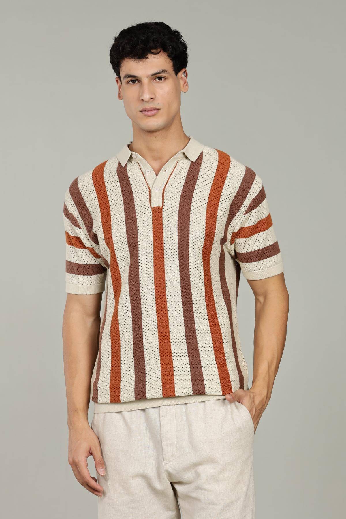     			COLOR HUNT Men 100% Cotton Regular Fit Striped T-Shirt ( Beige )