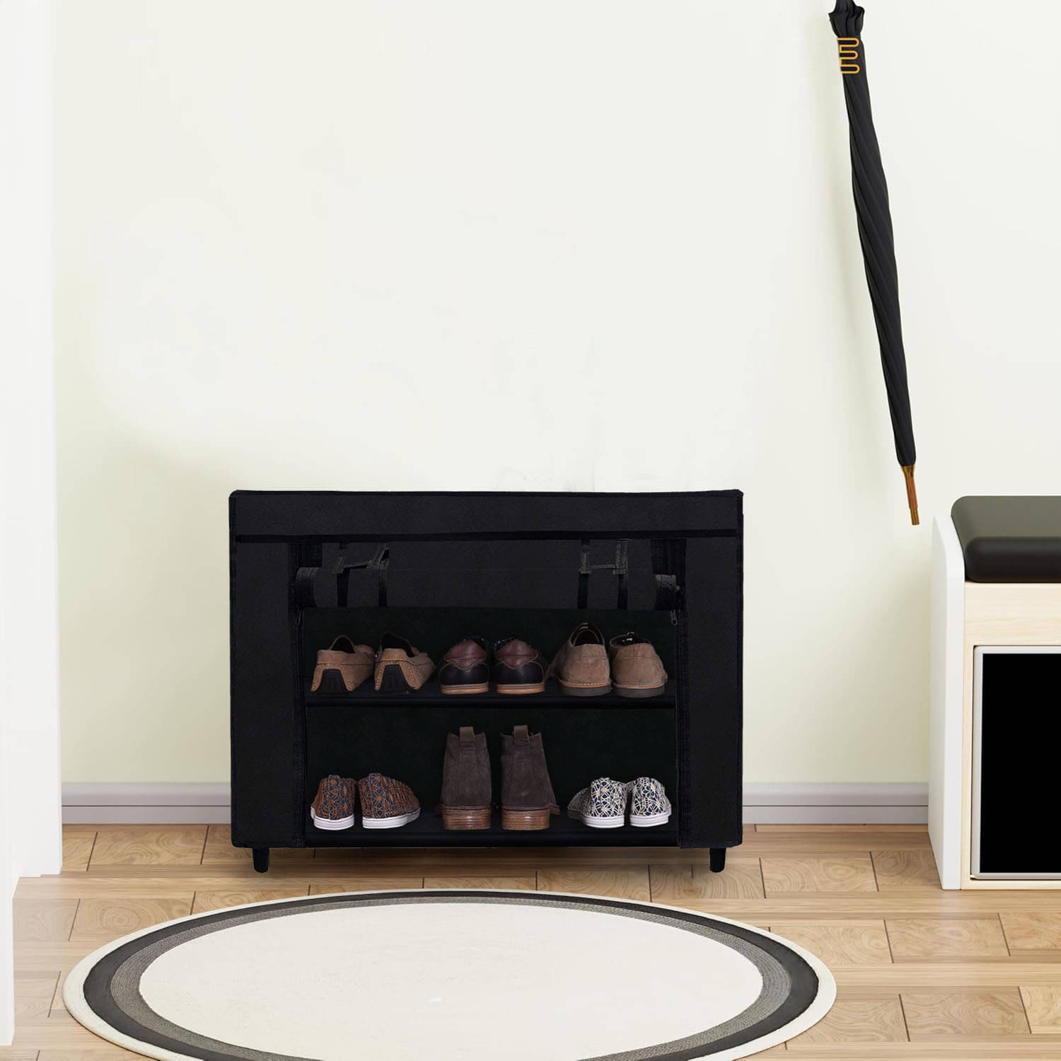     			Durable Black Shoe Rack with Metal Frame & Plastic Joints – 2 Tiers