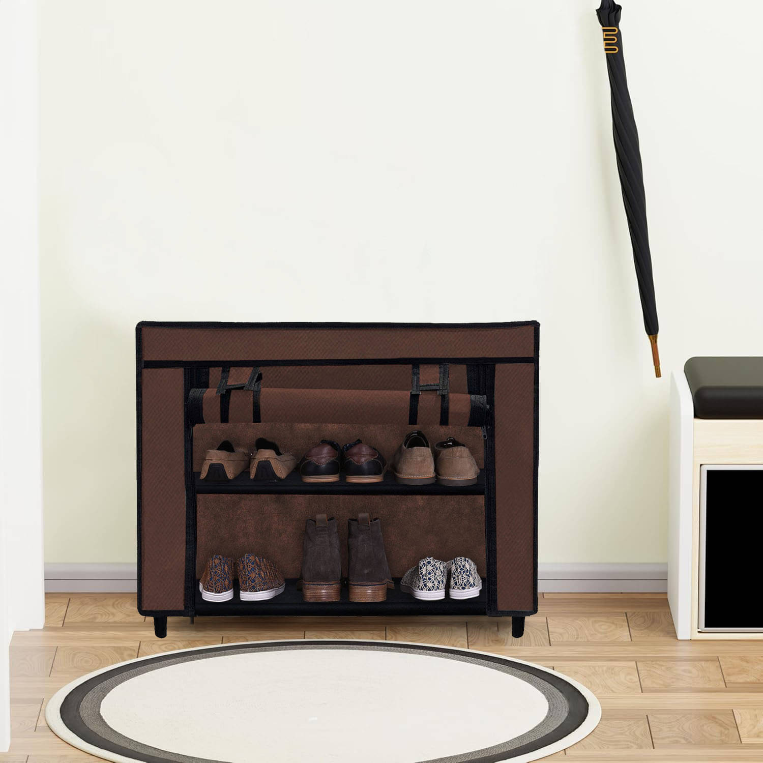     			Durable Brown Shoe Rack with Metal Frame & Plastic Joints – 2 Tiers