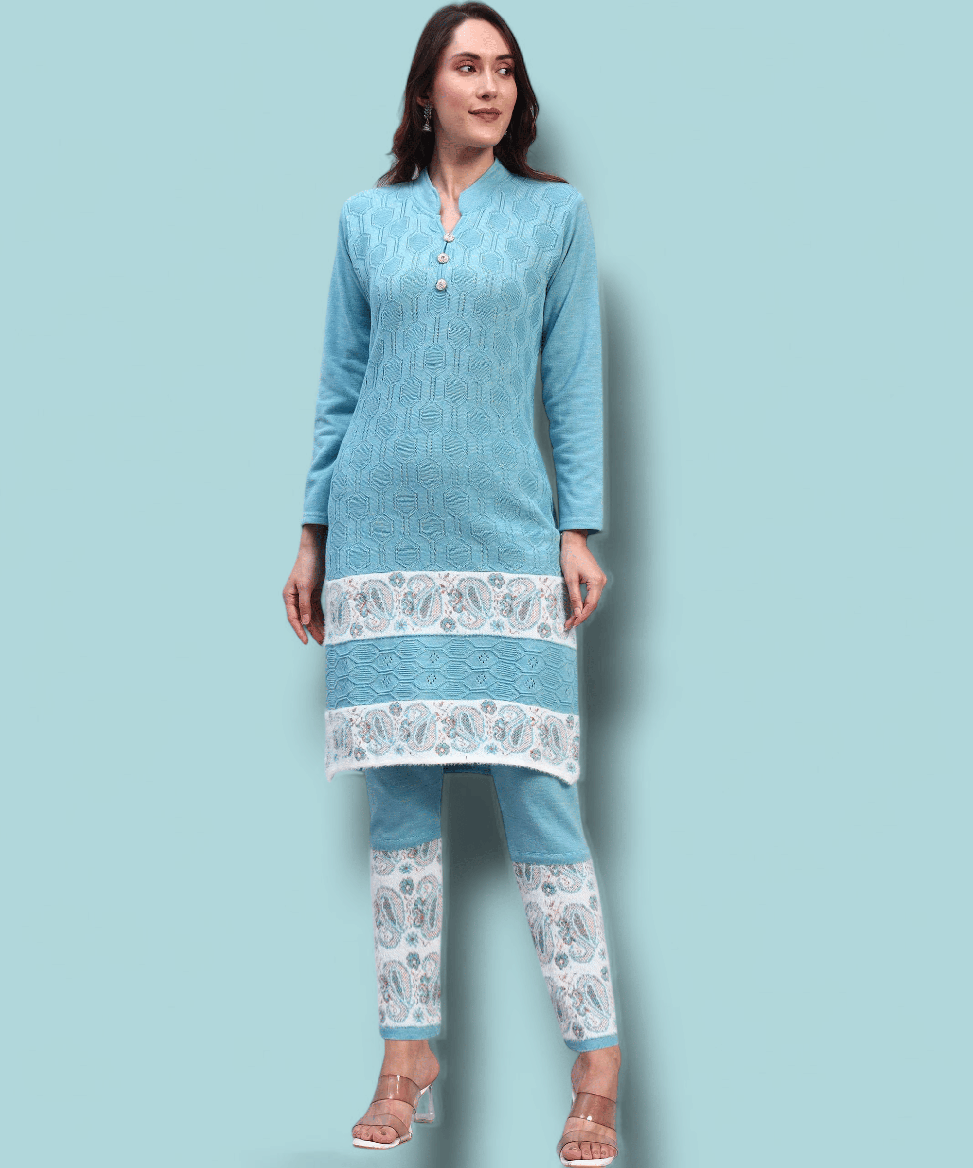 HEMLOCK Women Woollen Self Design Straight Kurti With Palazzo ( Light Blue ) HEMLOCK Women Woollen Self Design Straight Kurti With Palazzo ( Light Blue )