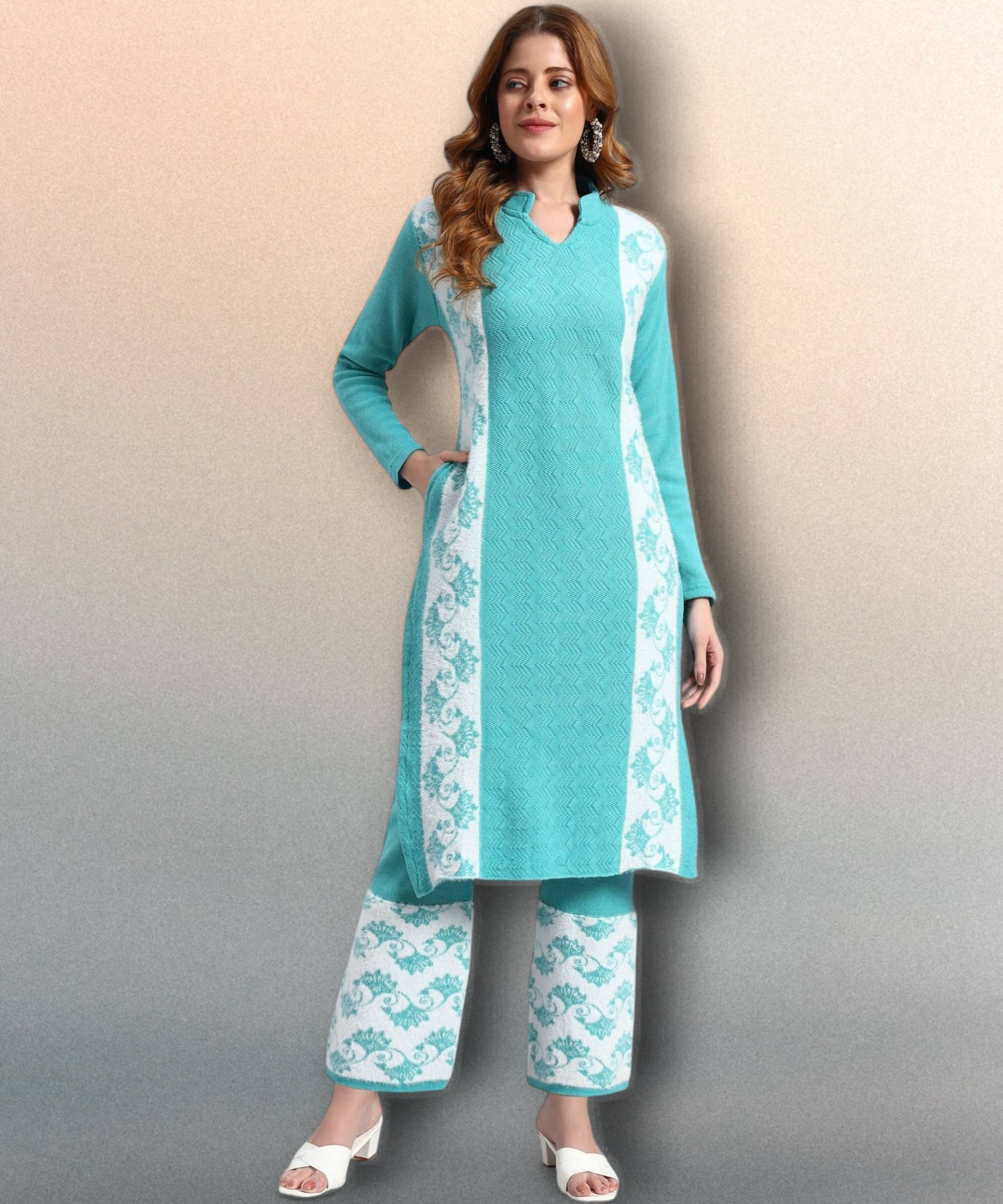 HEMLOCK Women Woollen Self Design Straight Kurti With Palazzo ( Green ) HEMLOCK Women Woollen Self Design Straight Kurti With Palazzo ( Green )