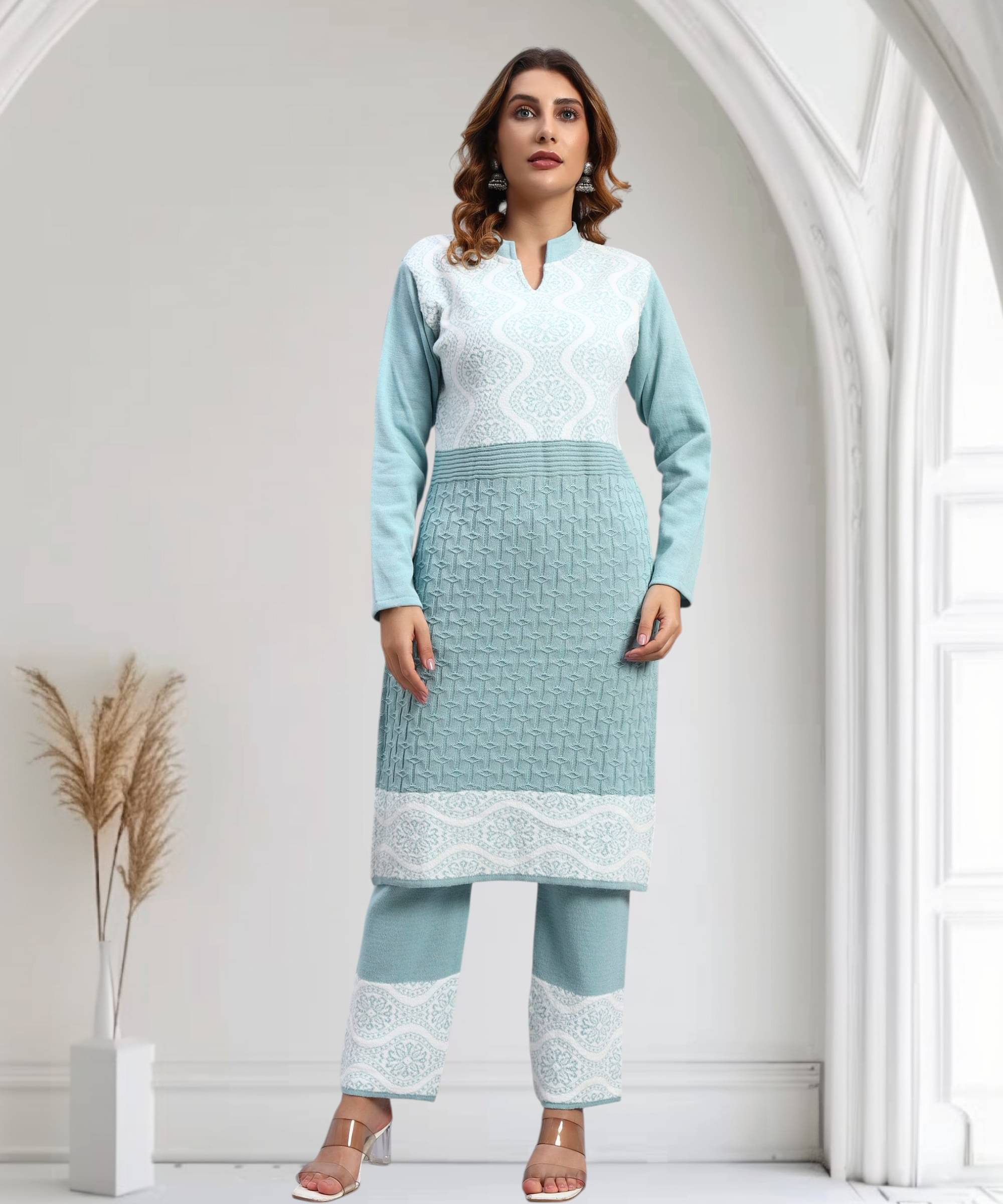     			HEMLOCK Women Woollen Self Design Straight Kurti With Palazzo ( Light Blue )