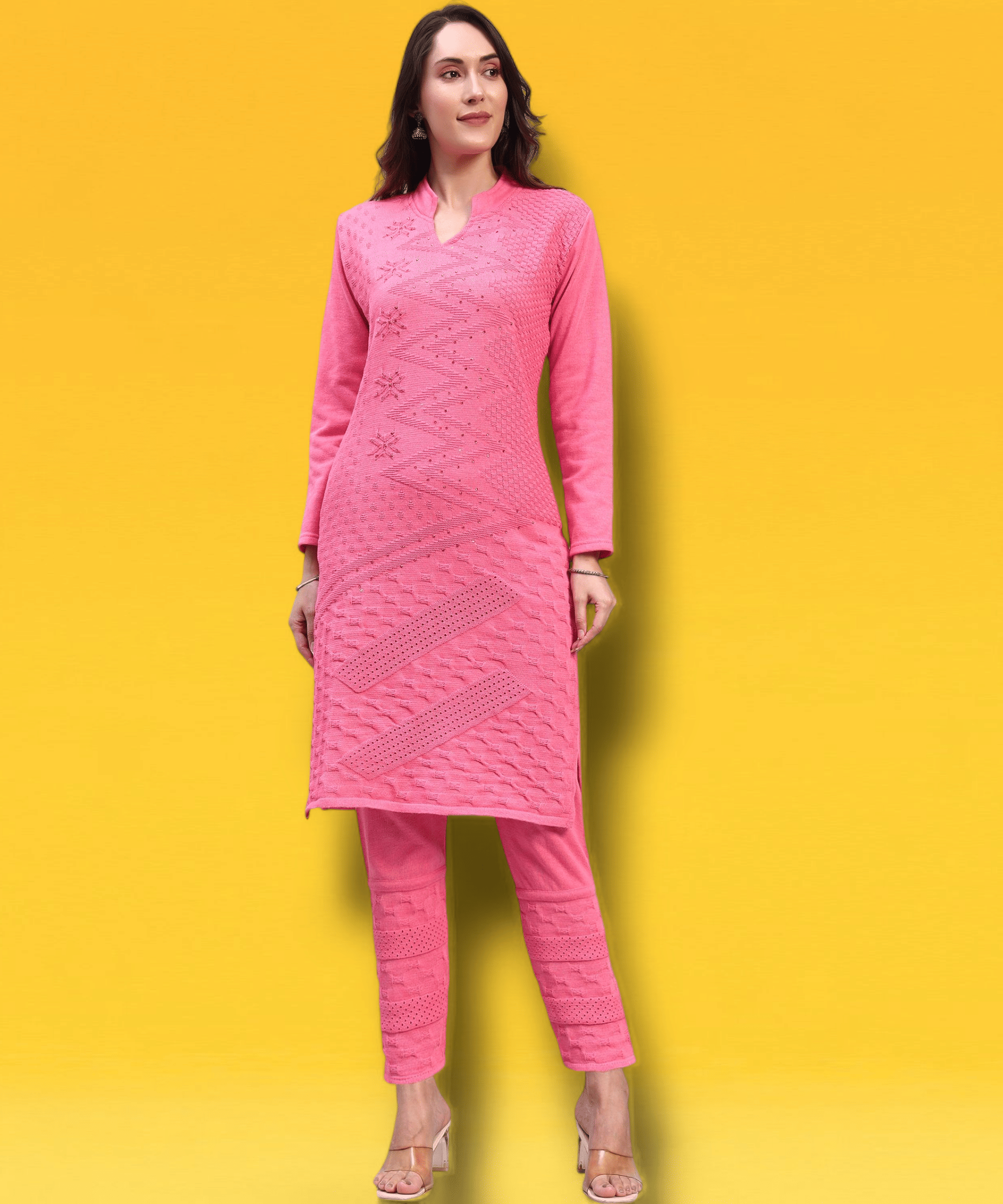     			HEMLOCK Women Woollen Self Design Straight Kurti With Palazzo ( Pink )