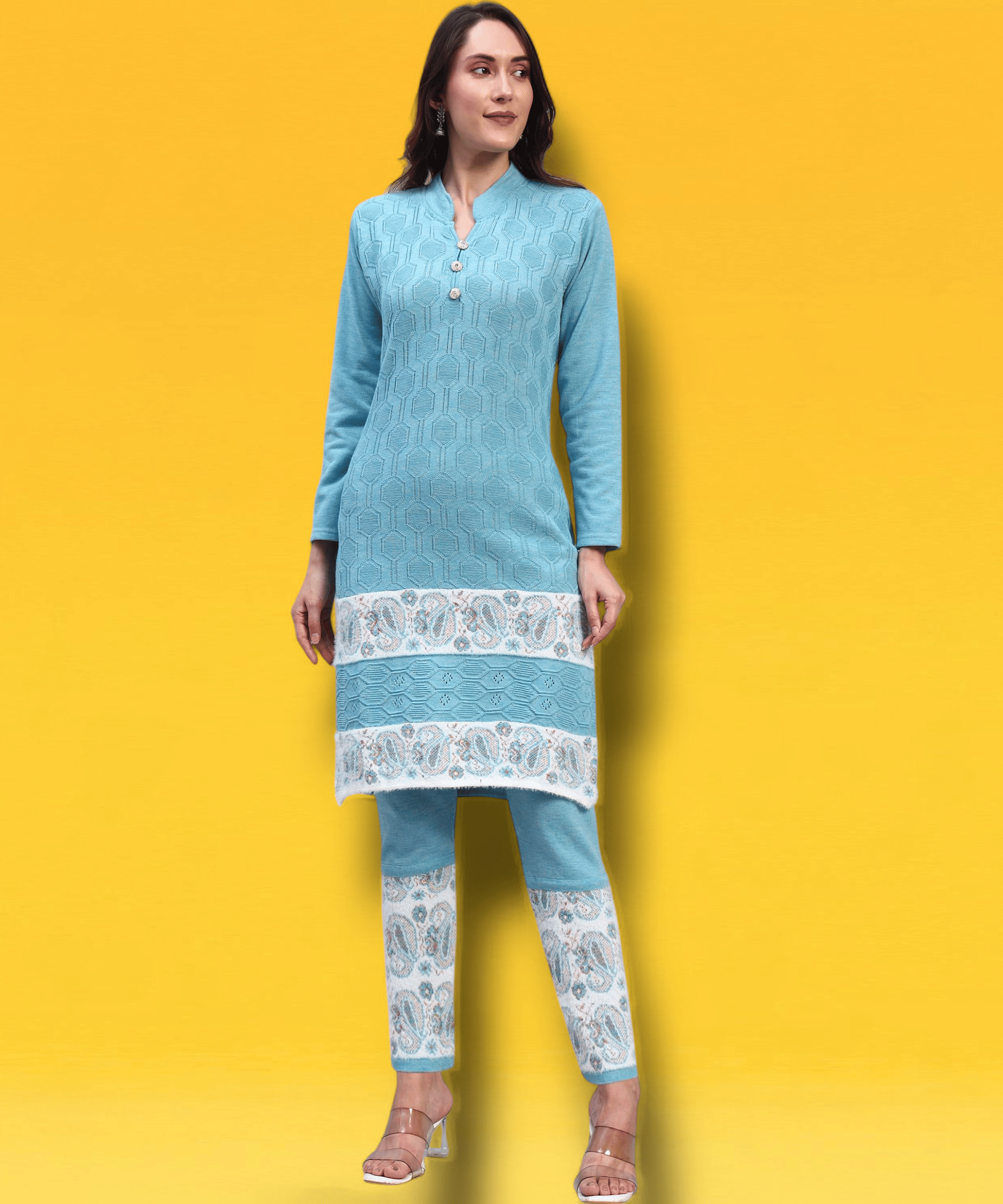 HEMLOCK Women Woollen Self Design Straight Kurti With Palazzo ( Light Blue )     			HEMLOCK Women Woollen Self Design Straight Kurti With Palazzo ( Light Blue )
