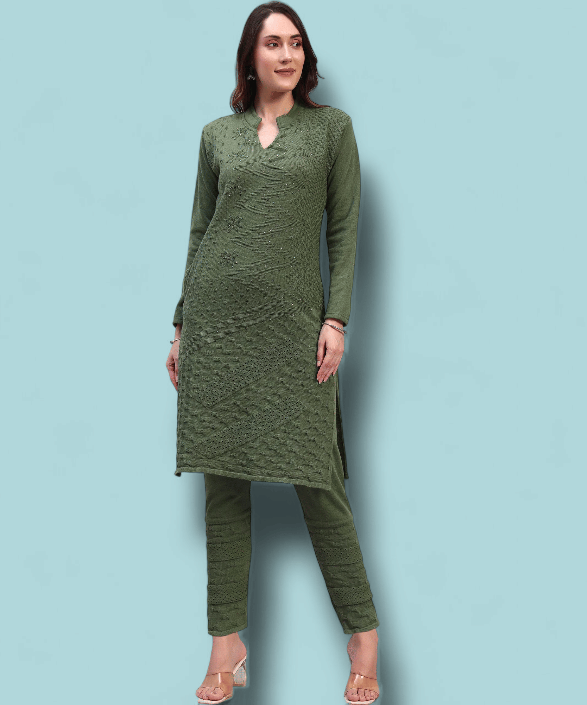 HEMLOCK Women Woollen Self Design Straight Kurti With Palazzo ( Dark Green )     			HEMLOCK Women Woollen Self Design Straight Kurti With Palazzo ( Dark Green )