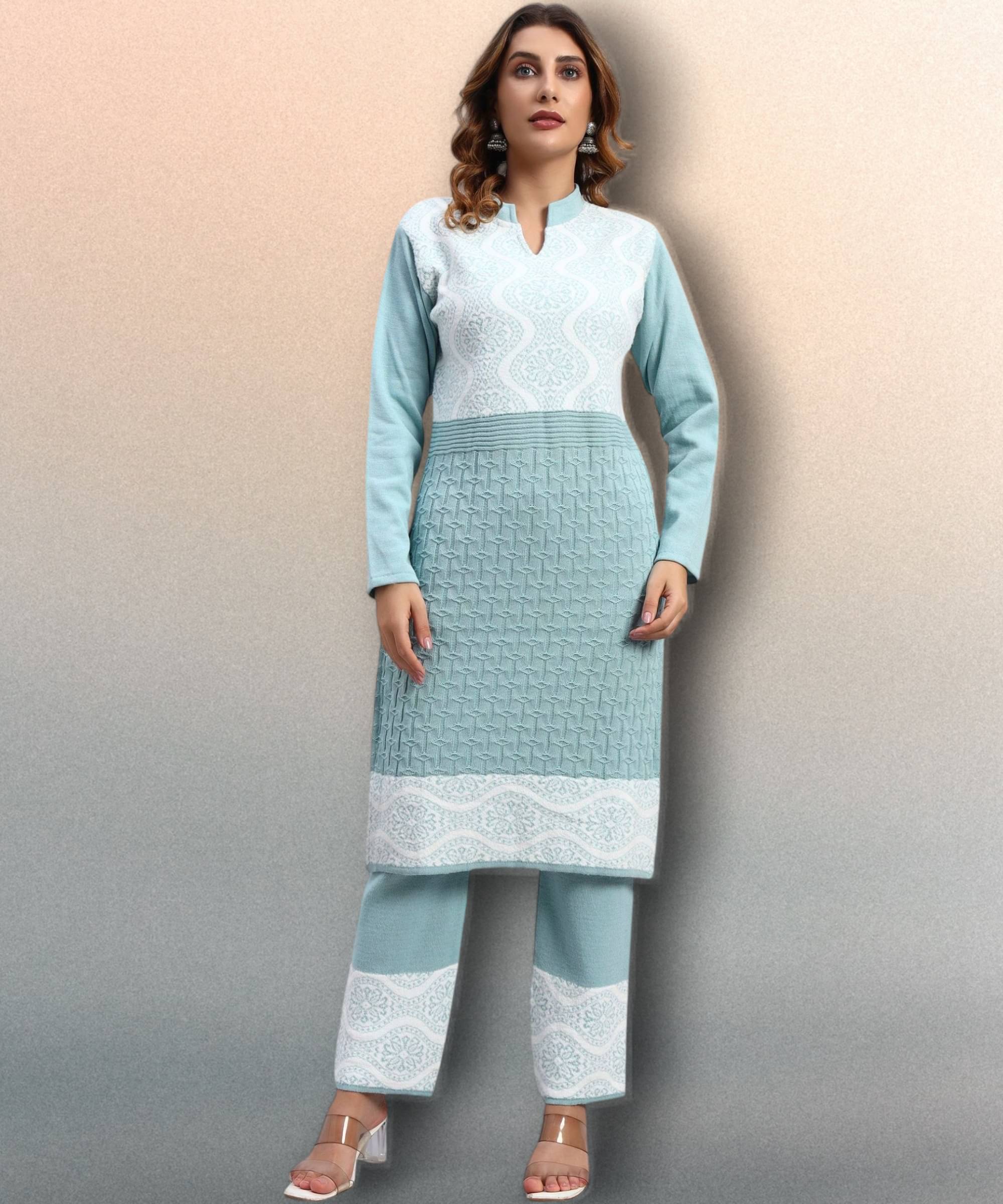 HEMLOCK Women Woollen Self Design Straight Kurti With Palazzo ( Light Blue )     			HEMLOCK Women Woollen Self Design Straight Kurti With Palazzo ( Light Blue )