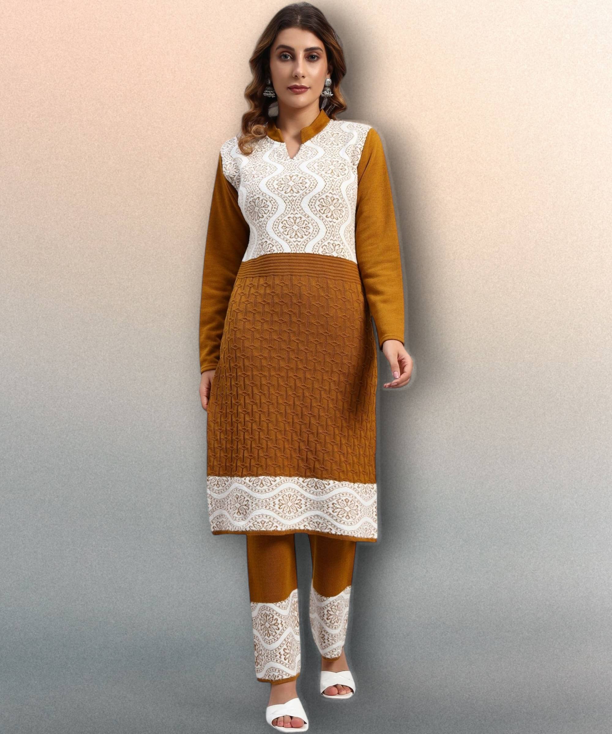 HEMLOCK Women Woollen Self Design Straight Kurti With Palazzo ( Mustard ) HEMLOCK Women Woollen Self Design Straight Kurti With Palazzo ( Mustard )