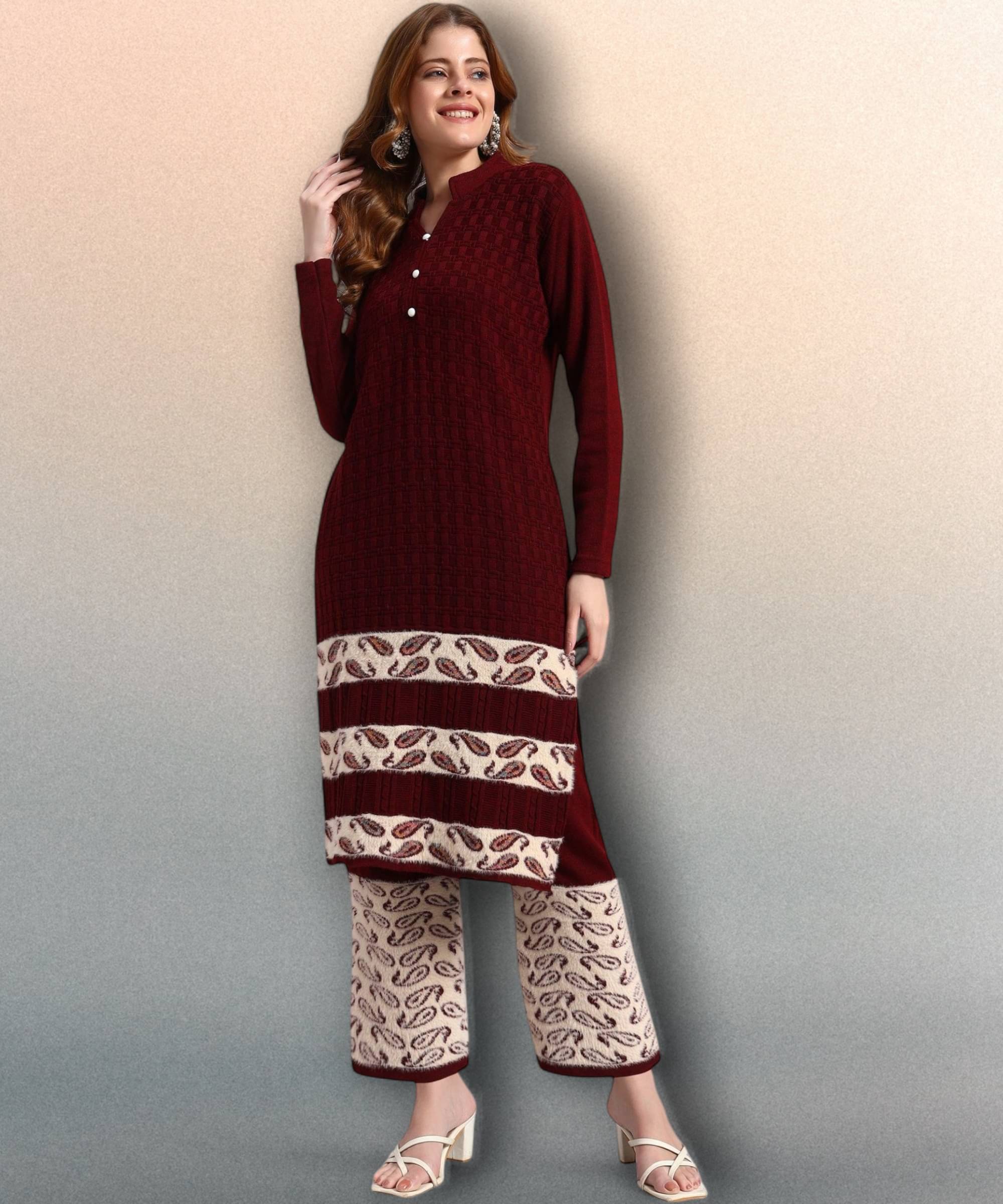 HEMLOCK Women Woollen Self Design Straight Kurti With Palazzo ( Wine ) HEMLOCK Women Woollen Self Design Straight Kurti With Palazzo ( Wine )